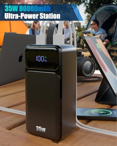 Ultimate 80000 m Ah Power Bank – High-Capacity Portable Charger with 35 W Fast Charging and Built-in 3 Cables – 7-Port Multi-Device Compatibility for i Phone, Galaxy, Steam Deck – Perfect for Outdoor Adventures – Enhanced Safety Features, Durable Design, and Convenient Carry Strap – LED Smart Display for Real-Time Monitoring – Backed by 3-Year Warranty and 24/7 Tech Support