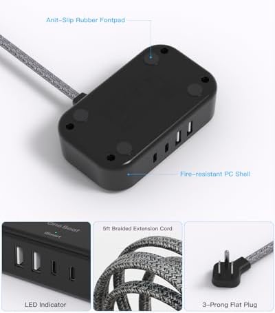 Optimize Your Travel Experience with One Beat Power Strip: 5 Ft Flat Extension Cord Featuring 3 AC Outlets & 4 USB Ports (2 USB-C) – Ideal for Cruise Ships, Dorm Rooms, and On-the-Go Charging – Compact, Non-Surge Protector Design for Enhanced Compatibility & Rapid Device Charging