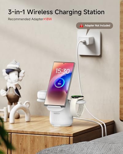 3-in-1 Fast Wireless Charging Station for Samsung Galaxy S25/S24/S23/S22 & More – Compact Multi-Device Charger for Galaxy Watch7/Ultra/6/5 & Galaxy Buds 3/Pro – Enhanced Safety Features & Sleek Design for Effortless Power Management