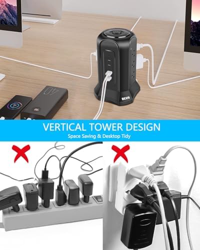 BEVA Tower Surge Protector Power Strip: 9 AC Outlets & 4 Fast-Charging USB Ports for Ultimate Device Connectivity, 6.5 FT 18 AWG Extension Cord with 3-Prong Flat Plug – Ideal Desk Charging Station for Office, Dorm & Home Use, Ensuring Safety & Efficiency