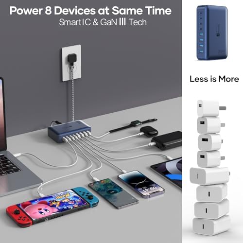 Transform Your Charging Routine with the 200 W 8-Port Fast Charging Hub – Multi-Device USB Station Featuring 65 W Laptop Adapter, Space-Saving Flat Plug, Durable Braided Cable, and User-Friendly On/Off Power Control for Optimal Performance and Safety