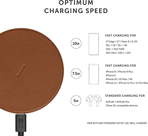 Luxury Italian Leather Wireless Charger – Native Union High-Speed Qi Certified Pad for i Phone 12/11 Series – Elegant Tan Charging Station with Enhanced Compatibility and Style – Perfect for Home or Office Use