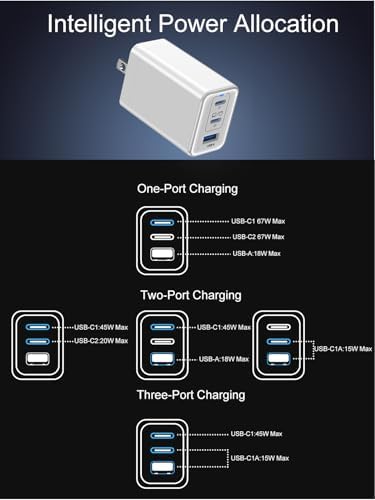 67 W Ga N USB-C Fast Charger Block – 3-Port Portable Wall Charger for Mac Book Pro, i Phone 16, Galaxy S24 & More – Compact, Foldable Design with Included Data Cable for Ultimate Compatibility & Speed