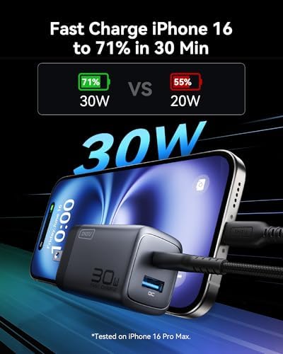 INIU 30 W Dual Port USB C Charger with 5 ft Cable – Fast Charging Block for i Phone 16/15/14/13 Pro Max & Samsung S23/S22 – Compact Foldable Design for Ultimate Portability & Enhanced Device Compatibility