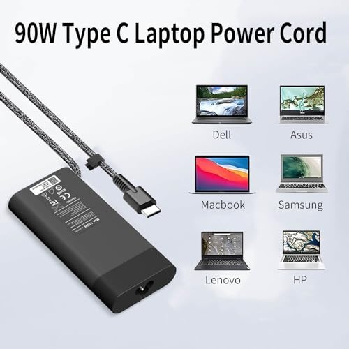 Ultra-Slim 90 W USB-C Laptop Charger for HP Spectre, Envy, Elite Book & Chromebook – Versatile Power Adapter with 11 ft Cable for Enhanced Speed and Compatibility Across Models – Ideal for Spectre x360, Elite x2, Pro Book & More – Reliable Type-C Fast Charging Solution with Multiple Voltage Outputs