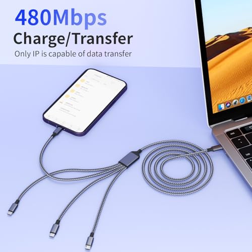 Ultra-Fast 240 W 4-in-1 USB C Charging Cable with Breathing Light Indicator – Multi-Device Compatibility for i Phone, i Pad, Samsung Galaxy, and Mac Book – 5 Ft Durable Cord in Stylish Purple for Efficient Data Sync and Enhanced Charging Performance
