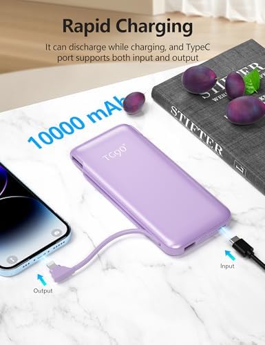 Dual 10000 m Ah Portable Power Bank Set with Built-In Cables and Fast Charging – Travel-Ready USB-C Charger for i Phone & Android Devices in Sleek White & Purple Design – Ultimate Compatibility for On-the-Go Power Solutions