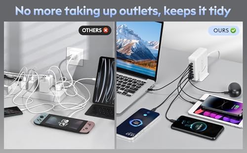 High-Power 220 W USB C Charging Station with Ga N III Technology – Multi-Port Hub Featuring 4 USB-A & 2 USB-C Ports, QC4.0 Fast Charge for Mac Book Pro & Devices – Sleek, Compact Design for Home or Office Use