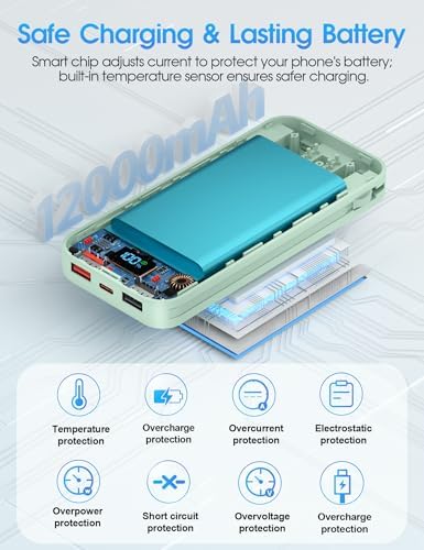 Ultra-Compact 12000 m Ah Power Bank with Built-in Charging Cables & AC Plug – 20 W PD Fast Charging for i Phone, Samsung, Android, USB-C Devices – Travel-Friendly External Battery Pack in Purple – Unmatched Portability and Efficiency for On-the-Go Charging Solutions