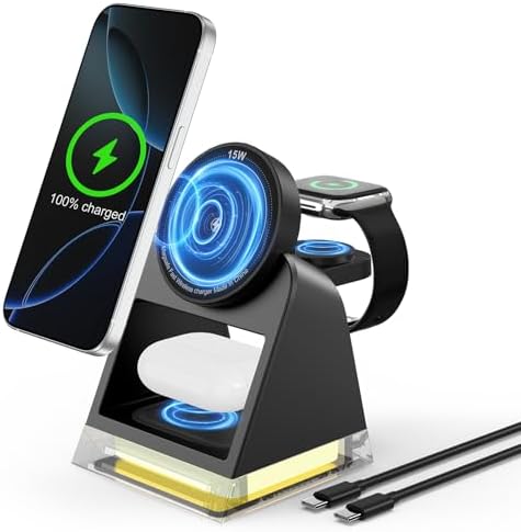 Ultimate 3-in-1 Magnetic Wireless Charging Dock for Apple Devices – Fast 15 W Qi-Certified Charger for i Phone 16/15/14/13/12, Apple Watch Series, and Air Pods – Compact, Durable Design with Non-Slip Base for Effortless Charging on the Go – Perfect Travel Companion for All Your Essential Apple Gadgets