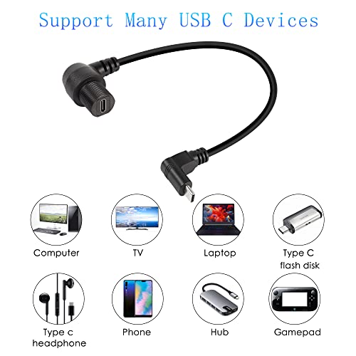 QIANRENON 90 Degree Right Angle USB C 3.1 Extension Cable – 10 Gbps Waterproof Panel Mount Solution, 30 cm Length for Streamlined Connectivity in Compact Spaces – Ideal for Vehicles and Workstations