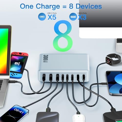 High-Power 300 W USB C Charging Hub – 8-Port Ga N III Fast Charger for Mac Book Pro, Dell, i Phone 16/15/14, Galaxy S23/22 – Ultimate Multi-Device Charging Station for Home and Travel with PD Compatibility