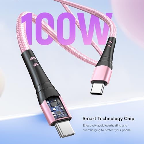 Premium 10 FT USB C to USB C Charger Cable – Dual Pack 100 W Fast Charging, Nylon Braided Design for i Phone 16 Series, Mac Book, and Samsung Galaxy S24 – Stylish Pink Color for Enhanced Durability and Flexibility