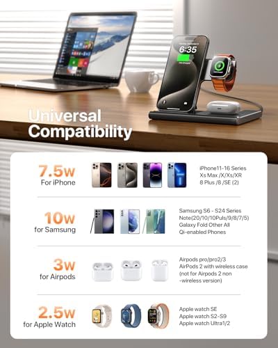 EXW 2024 Premium 3-in-1 Charging Station for Apple: Fast Wireless Charger for i Phone 16, 15, 14, 13, 12, 11 Pro Max, XR, XS & Air Pods with Apple Watch Dock – Streamline Your Charging Experience & Optimize Space with Enhanced Compatibility (Adapter Not Included)