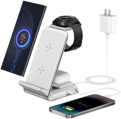 Ultimate Fast Wireless Charging Station for Samsung Devices – Sleek Qi Charger for Galaxy S23 Ultra, Z Flip, Fold 5/4/3, i Phone & More – Efficient Charging for Galaxy Watch 6/5 Pro and Buds – Safe, Tangle-Free Power Solution in White