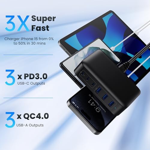 108 W Pink Ga N III USB C Charging Hub – 6-Port Fast Charger for i Phone 15 Pro, Samsung & More – Quick Charge & Power Delivery Compatible – Stylish Multi-Device Power Station with Intelligent Safety Features – Ideal for Home, Office & Travel Use