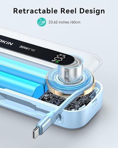 Ultra-Fast 30 W Retractable Portable Charger – 10,000 m Ah Power Bank with Built-In Cables for i Phone, i Pad & Samsung – Airline-Approved Travel Powerbank with Smart Display & Detachable Strap for Ultimate Convenience