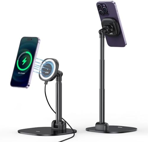 VRIG Magnetic Desk Phone Stand for Office/Home, 360°Rotation Wireless Charger Phone Holder with Magnetic Ring Height&Tilt, Adjustable Cell Phone Stand for iPhone 16 15 14 13 12 and More/Android – Enhanced Compatibility and Speed