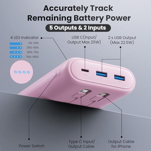 Ultra-High Capacity 40,800 m Ah Power Bank with 25 W Fast Charging – Dual Built-in Cables & 5 Outputs for Quick Device Charging – Compatible with i Phone 16/15 & Android – Sleek Blue Portable Charger for On-the-Go Power Solutions