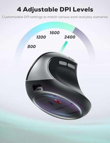 Revolutionize Your Workspace with the Nulea MD280 Ergonomic Vertical Wireless Mouse – Dual Mode Bluetooth & 2.4 G Connectivity, Precision with 4 Adjustable DPI Settings (800/1200/1600/2400), Rechargeable & Silent Clicks for Ultimate Focus – 6 Customizable Buttons Enhance Productivity for Laptop & Desktop Users in Stylish Grey.