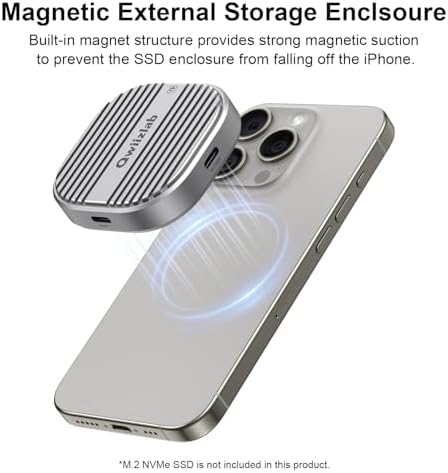 Qwiizlab Magnetic NVMe SSD Enclosure for i Phone 16/15 Pro Max – 10 Gbps USB Type-C Adapter with Kickstand, Supports PCIe M.2 M-Key up to 2 TB, Durable Aluminum Case with 100 W PD Charging Capability – Ultimate Storage Solution for Creatives and Professionals