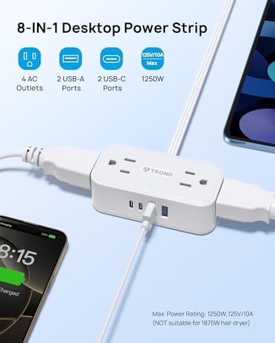 TROND 360° Rotating Flat Plug Power Strip with 5 FT Cord – 4 USB Charging Ports & 4 Wide-Spaced AC Outlets – Wall-Mountable Surge Protector for Office, Dorm, and Travel – 900 J Protection for Maximum Device Safety and Flexibility