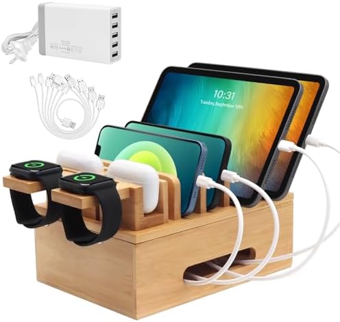 Eco-Friendly Bamboo Charging Station: 5-Port USB Docking Hub with 6 Cables for Multi-Device Organization – Stylish Wood Charger for Cell Phones, Tablets, Earphones, and Smartwatches – Streamlined Power Solution for Home and Office