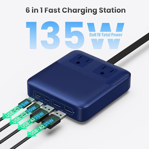 High-Power 135 W Ga N USB C Charging Hub – 6-in-1 Power Station with 2 AC Outlets, 2 USB-A & 2 USB-C Ports, 5 ft Cord, Ideal for PD 65 W Laptop Charging (Mac Book Air/Pro, i Phone 16/15, Galaxy S24) – Fast, Efficient, Universal Device Charger for Home and Travel