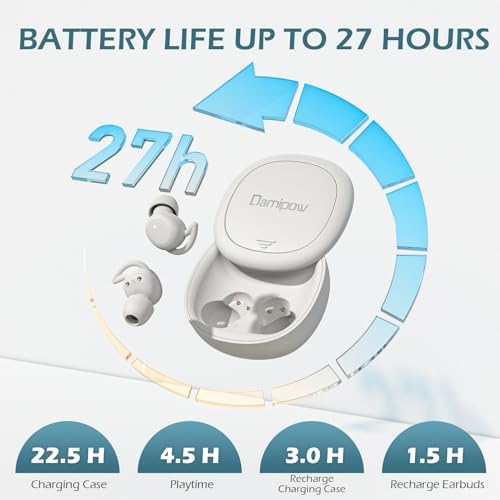 Discover Serene Sleep: Damipow Bluetooth 5.3 Wireless Earbuds for Side Sleepers – Ultra-Lightweight, Noise-Canceling Design with Built-In Mic for Effortless Music and Calls – Your Essential Companion for Restful Nights and Adventurous Days (Off-White)
