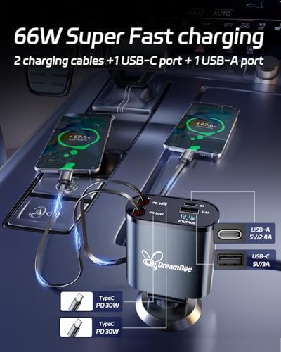 Ultimate 66 W Retractable Car Phone Charger – Fast Dual Type-C Charging Solution for i Phone 15/14, Samsung Galaxy S23+/S23/S22, i Pads – Tangle-Free Design for Efficient Multi-Device Power-Up in Cars and Trucks – Perfect Travel Accessory with Built-In Safety Features