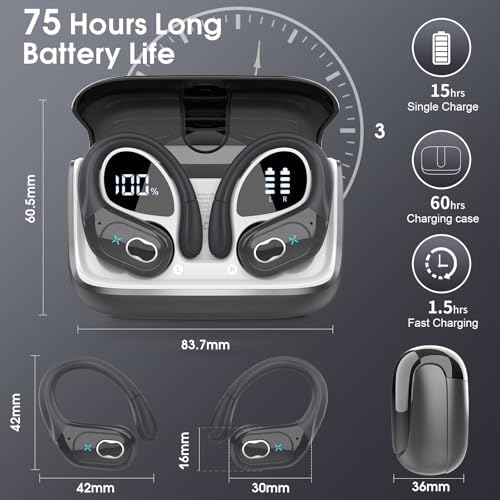 Ultimate Bluetooth 5.4 Wireless Earbuds with 75-Hour Playtime – Ergonomic Deep Bass Sport Headphones with IPX7 Waterproof Rating for Active Lifestyles, Advanced ENC Noise Cancelling Mic for Superior Call Clarity – Ideal for Fitness and Outdoor Activities
