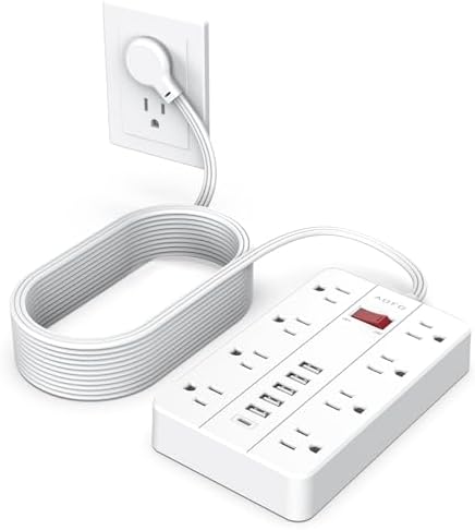 Compact Surge Protector Power Strip with 8 Outlets & 6 USB Ports – AOFO 5 ft Flat Extension Cord for Travel, Office & Dorm – Durable Design with USB-C Fast Charging, Enhanced Safety & Space Efficiency