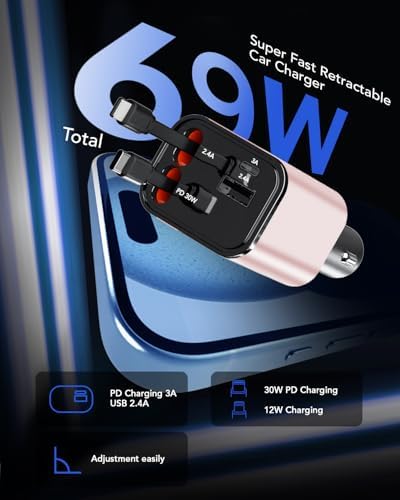 Ultimate 3-in-1 Retractable Car Charger – 50 W Fast Charging Solution with Type C Cable & USB Port for i Phone 16/15/14/13/12/11, Galaxy & Pixel Devices – Tangle-Free Convenience for On-the-Go Power Management