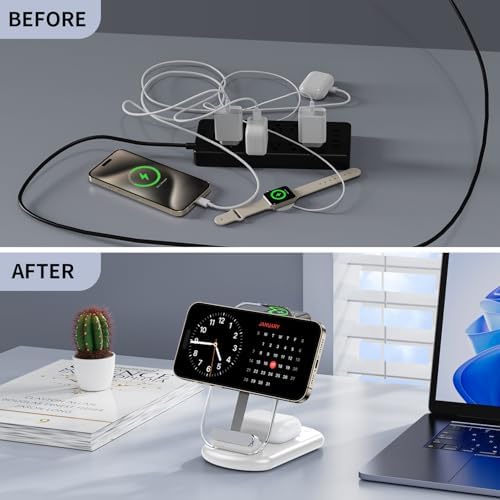 2025 Magnetic 3-in-1 Wireless Charging Station for i Phones, Apple Watches, and Air Pods – Fast Travel Charger with Integrated Light Indicator – Compact Design for Ultimate Portability – Perfect Gift for Tech-Savvy Couples – Compatible with i Phone 16, 15, 14, 13, 12 Pro Max Plus, Air Pods 4, 3, 2, Pro and Apple Watch Series – Enhance Your Charging Experience with Rapid Power-Up Technology