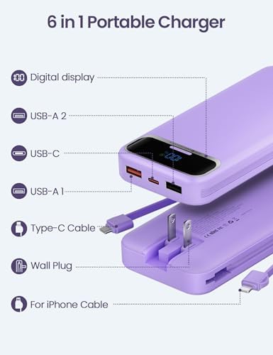 12000 m Ah Ultra-Light Portable Power Bank with Built-In Cables & AC Wall Plug – PD20 W USB-C Fast Charging for i Phone, Samsung & Android – LED Display for Battery Monitoring – Ultimate Travel Companion for Quick Device Recharging