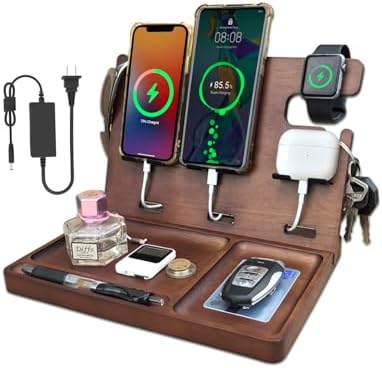 Wooden USB Charging Station for Multiple Devices – Fast Charging Dock with QC3.0 & PD 22.5 W Type-C for i Phone, Samsung, Google Android, Smartwatch, and Earbuds – Perfect Gift for Tech-Savvy Men – Stylish Organization & Enhanced Compatibility