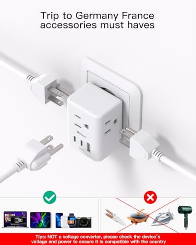 Universal European Travel Power Adapter with Dual USB-C Charging Ports – 3 Outlet Type E/F Plug for Effortless Device Connectivity in France, Portugal, Germany, and Beyond – Essential Travel Companion for Seamless Power and Fast Charging on Your European Adventures