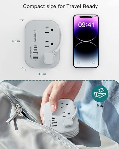 Compact Flat Plug Power Strip with 3 AC Outlets & 4 USB Ports (2 USB-C) – Ultimate Travel Charging Station with 5 Ft Extension Cord for Home and Dorm Use – Essential Non-Surge Protector for Cruises and On-the-Go Power Solutions – Enhanced Device Compatibility and Speed