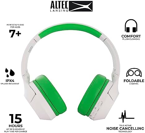 Altec Lansing Kid-Safe Wireless Headphones – Active Noise Cancellation for Children Aged 7+, 85 d B Volume Limiting, 15-Hour Battery Life, Ergonomic Foldable Design for Ultimate Comfort and Safety in Music, Movies, and Gaming