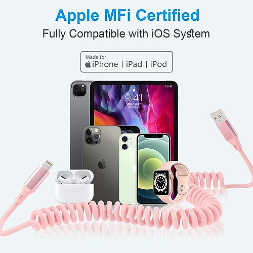 Revolutionize Your Charging Experience with the MFi Certified Pink Coiled i Phone Lightning Cable – 3 FT USB C to Lightning Car Charger for Fast Data Sync and Enhanced Compatibility with i Phone 14, 13, 12, 11 Pro Max, Mini, SE, XS, XR, X, 8, 7, 6, 5 – Tangle-Free and Stylish Accessory for On-the-Go Connectivity