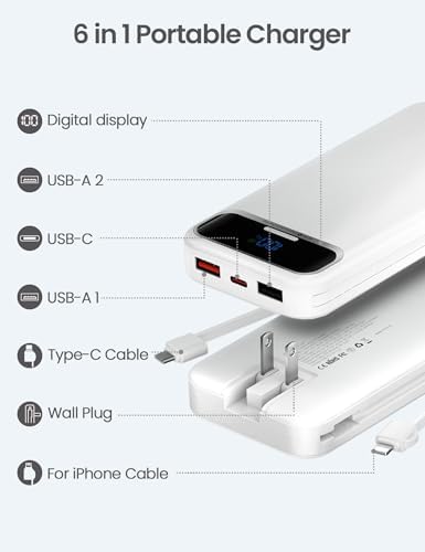 12000 m Ah Ultra-Light Portable Power Bank with Built-In Cables & AC Wall Plug – PD20 W USB-C Fast Charging for i Phone, Samsung & Android – LED Display for Battery Monitoring – Ultimate Travel Companion for Quick Device Recharging