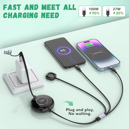 Ultimate 100 W 5-in-1 Retractable Charging Cable – Versatile Fast Charging Solution for i Phone, i Pad, and Apple Watch | USB A/Type C to Lightning & USB C Compatibility | Compact 4 FT Design for Travel Convenience | Durable High-Speed Multi-Device Cord for Everyday Use