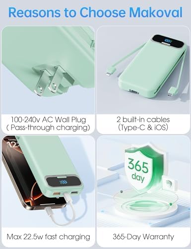 Ultra-Compact 12000 m Ah Power Bank with Built-in Charging Cables & AC Plug – 20 W PD Fast Charging for i Phone, Samsung, Android, USB-C Devices – Travel-Friendly External Battery Pack in Purple – Unmatched Portability and Efficiency for On-the-Go Charging Solutions