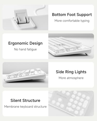 Transform Your Typing Experience with the EWEADN GX710 S White Backlit Wired USB Keyboard – Ergonomic, Quiet, and Crafted for Performance! Ideal for Gamers and Professionals, Featuring Elegant Metal Panel and Pudding Keycaps for Sleek Style. Enjoy Effortless Plug-and-Play Setup and Perfect Compatibility with Windows PCs and Laptops. Illuminate Your Workspace with Brilliant White LED Backlighting for Enhanced Visibility in Low Light. Durable Design Ensures Longevity, While Whisper-Quiet Keystrokes Create a Focused Environment. Upgrade Your Productivity and Comfort Today with this Full-Size, Modern Keyboard – The Ultimate Choice for Efficient Typing, Gaming, and Everyday Use!