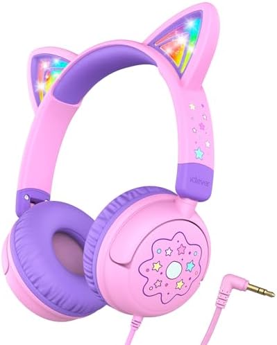 Colorful LED Cat Headphones for Kids – Safe 85 d B Volume Limit, USB-C Compatible, Perfect for Travel & Learning, Premium Stereo Sound for Tablets & i Pads, Durable & Stylish Design