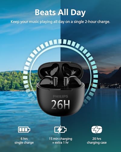 PHILIPS TAT1139 True Wireless Earbuds – Immersive 13 mm Drivers for Deep Bass, AI-Enhanced Call Clarity, 26-Hour Long Battery Life with Quick Charge, Advanced Bluetooth 5.4 for Effortless Pairing, IPX4 Water-Resistant Design for Active Lifestyles, Ergonomic Comfort Fit in Sleek Black Finish