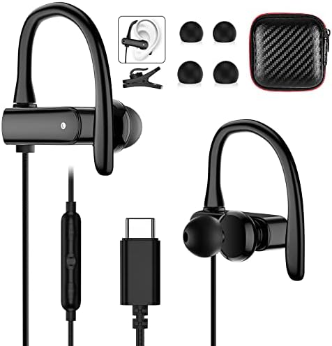 Ultimate USB C Wired Headphones for Sports: Secure Over-Ear Design with Anti-Drop Earhooks & Built-in Microphone – Superior Sound Quality for i Phone 16, Samsung Galaxy S25, Google Pixel 9, and More – Ideal for Gym and Running Activities – Fast Charging Compatibility & Ergonomic Comfort