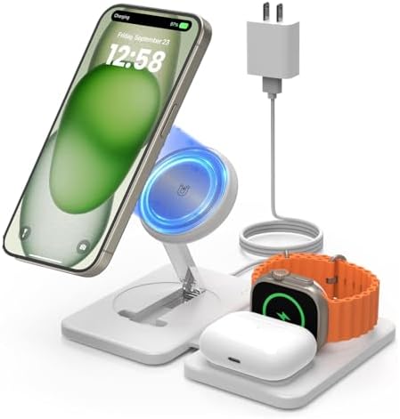 Magnetic Wireless Charging Station for i Phone 15/14/13/12 Pro Max & Apple Devices – Joy Geek 3-in-1 Fast Charger Pad for i Phone, Apple Watch Ultra 9-2, and Air Pods – Compact Design with Enhanced Compatibility and Secure Magnetic Alignment