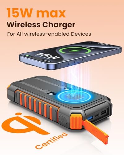 Riapow 27,000 m Ah Solar Power Bank – Wireless Fast Charging Portable Charger with Built-in Cables, 22.5 W PD & QC Support, Rugged Outdoor Battery Pack in Vibrant Orange for Phones, Tablets & Flashlights – Ultimate Adventure Companion
