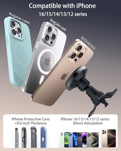 Magsafe Car Charger Mount，【Equipped with Round Air Vent Stabilizer】 Car Vent Phone Holder ，Magnetic Car Wireless Charger for iPhone 16 Pro Max/16/15/14/13/12，Black – Enhanced Compatibility and Speed
